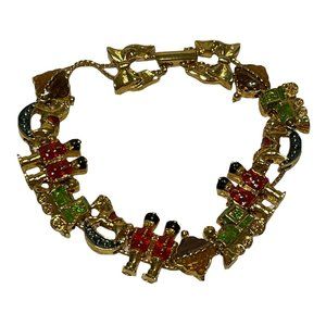 vintage Christmas gold tone Signed S.P. Enamel nutcracker ornaments bracelet